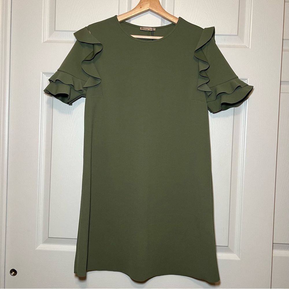 Zara olive green ruffle sleeves dress, size Large NWT